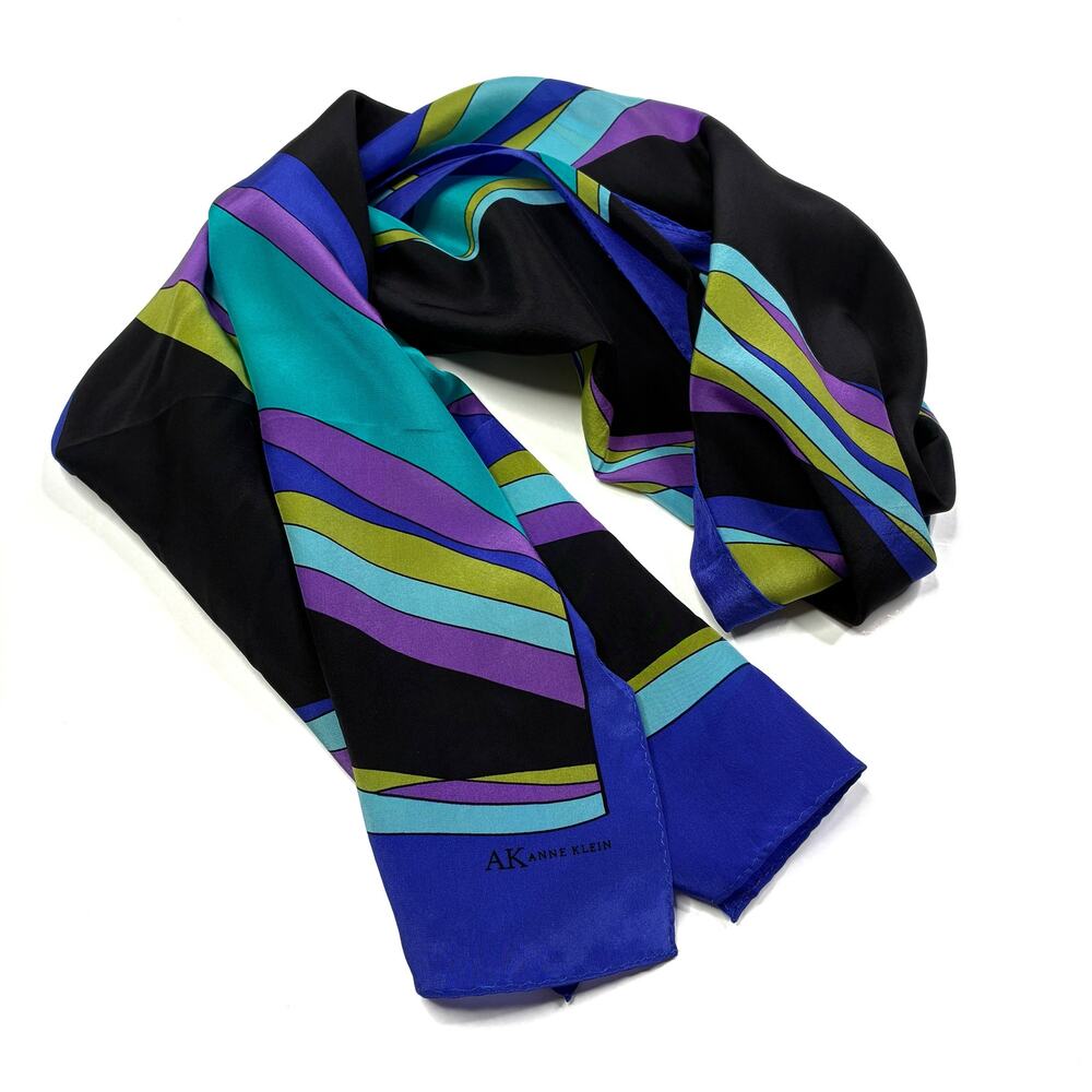 Anne Klein Vintage 100% Silk Scarf Black Purple Blue Abstract 59.5” x 14”